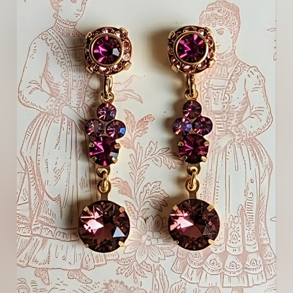 Fuschia Pink AB & Flower Swarovski Crystal In Drop Down Gold Plated Earrings - Picture 1 of 5